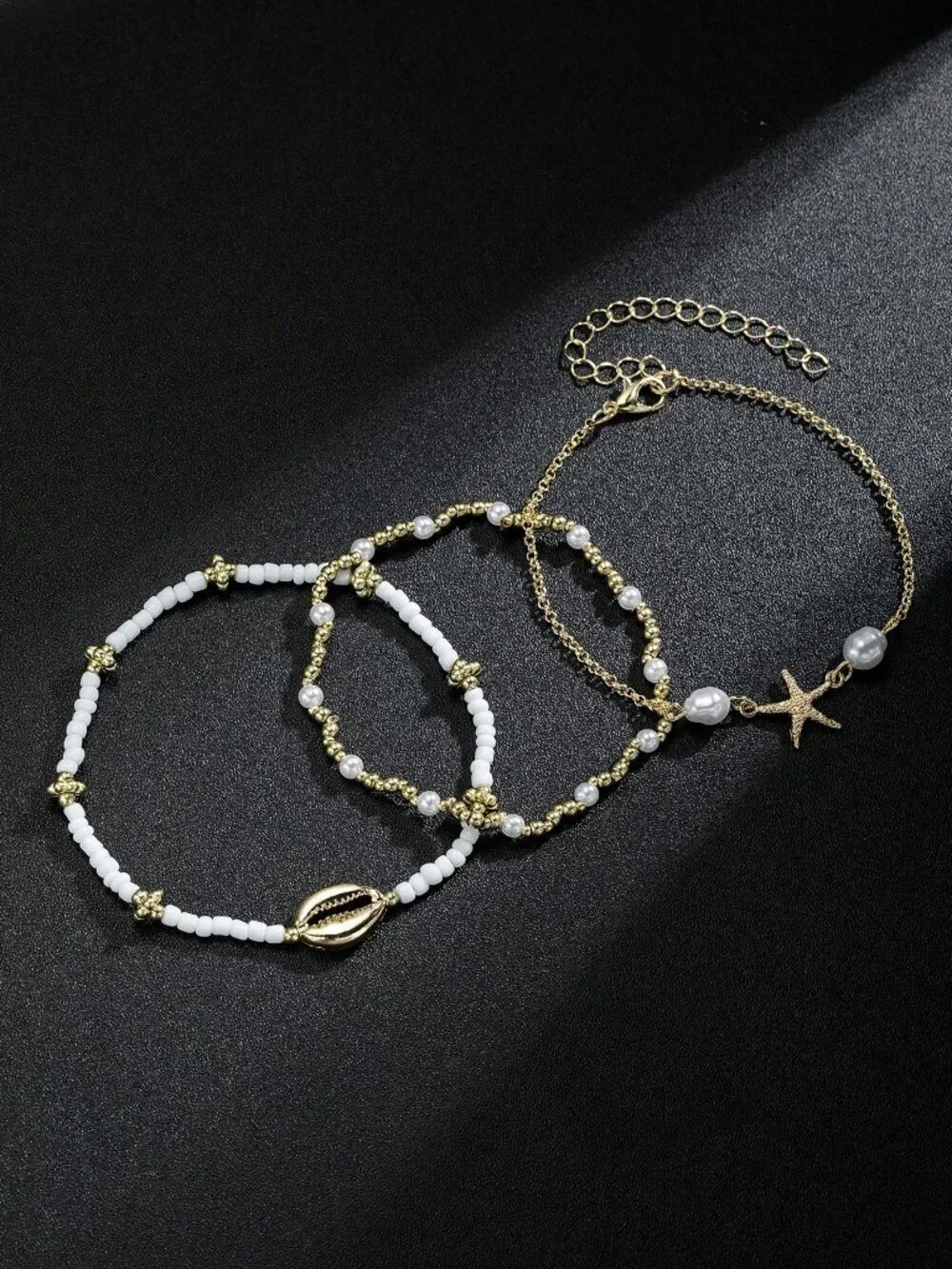 Boho Women's Beach Style Metal Starfish & Shell Beaded Anklet Set